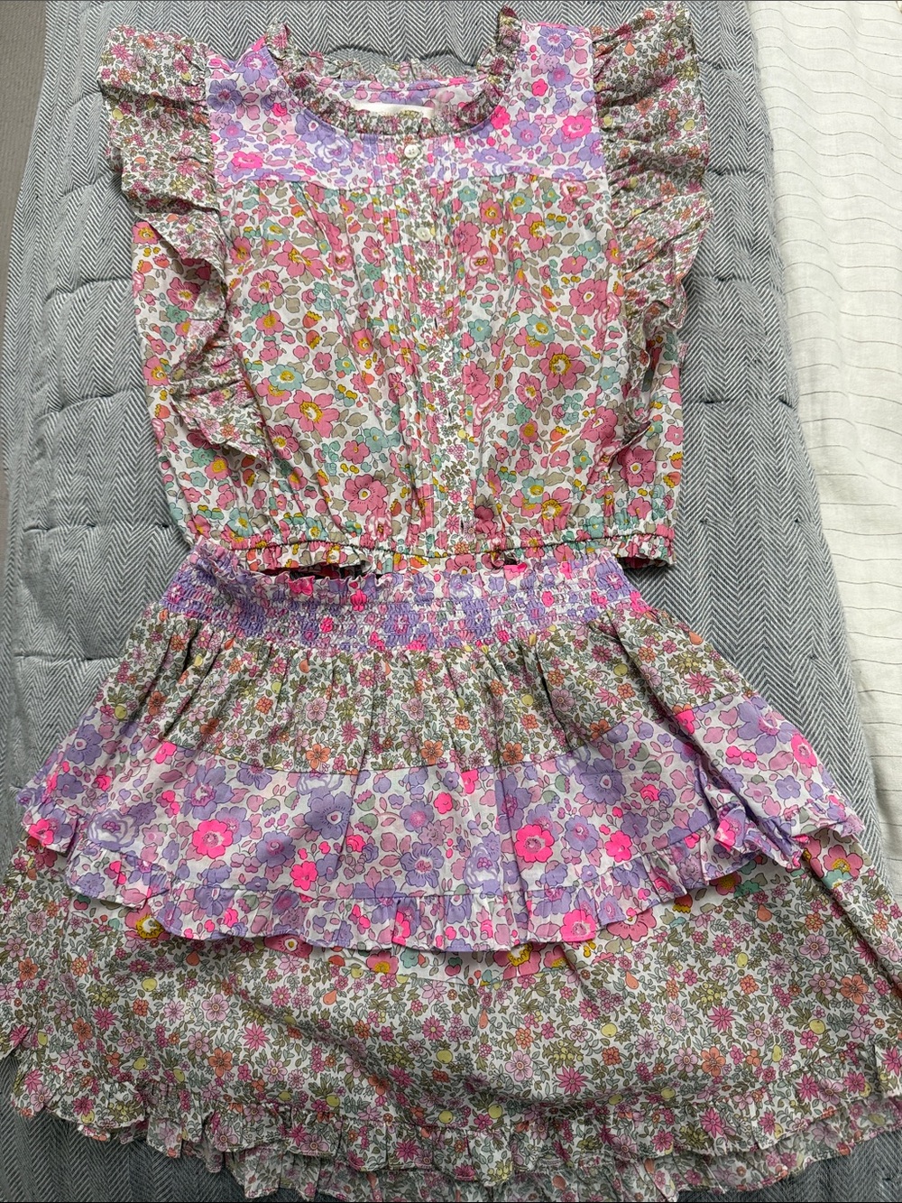 LoveShackFancy Pink, Lavender & Green Floral Ruffle Dress